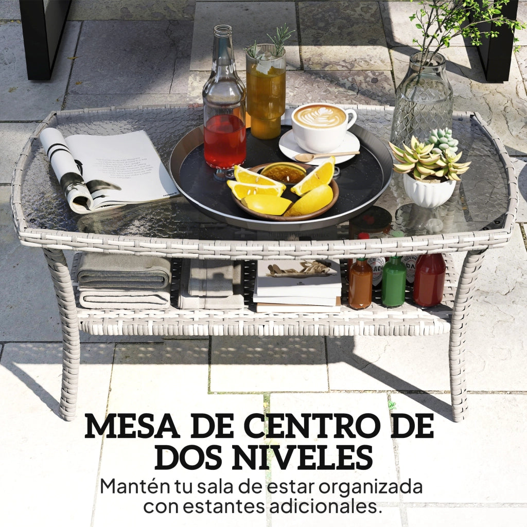 Tavolino da Giardino Rettangolare in Rattan con Ripiano ¨C Xylo ¨C Vetro Temperato Grigio Antracite 90x50x45cm