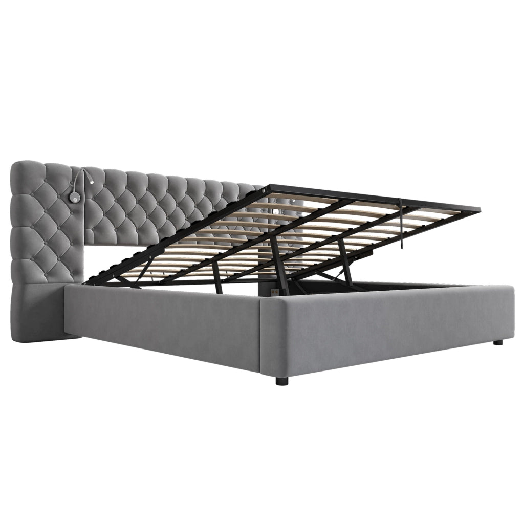 Letto matrimoniale imbottito 180x200 cm in velluto grigio con luce da lettura e contenitore idraulico