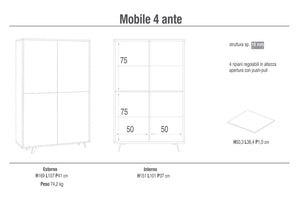 Mobile Multiuso 4 Ante 107x169x41 cm Ossido Bianco/Bianco Lucido