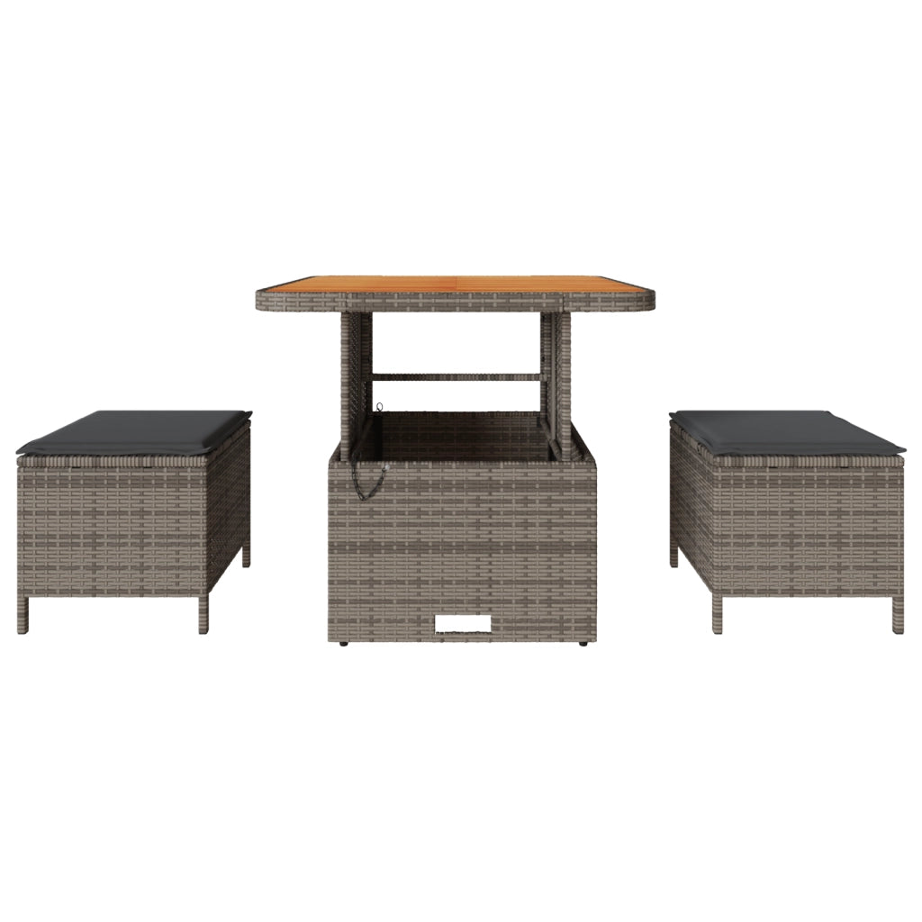 Set da Pranzo da Giardino in 3 Pezzi con Cuscini Grigio in Polyrattan e Acacia