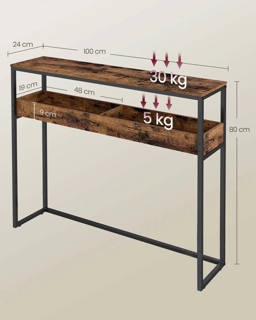 Tavolino da ingresso consolle tavolino stretto su 2 livelli con scomparti semiaperti 24 x 100 x 80 cm per ingresso o soggiorno marrone 12_0007998