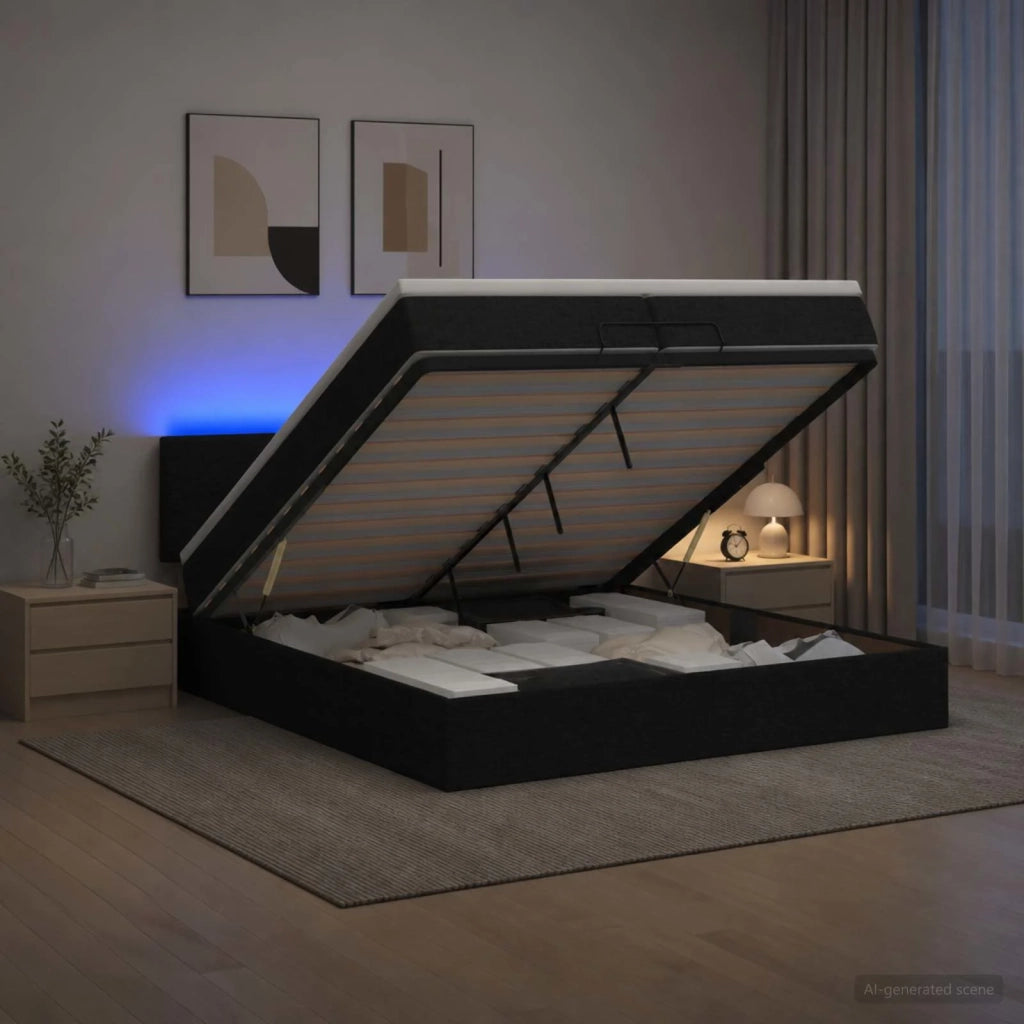 Letto Ottomano con Materasso e LED Nero 200 x 200 cm Tessuto 3456935