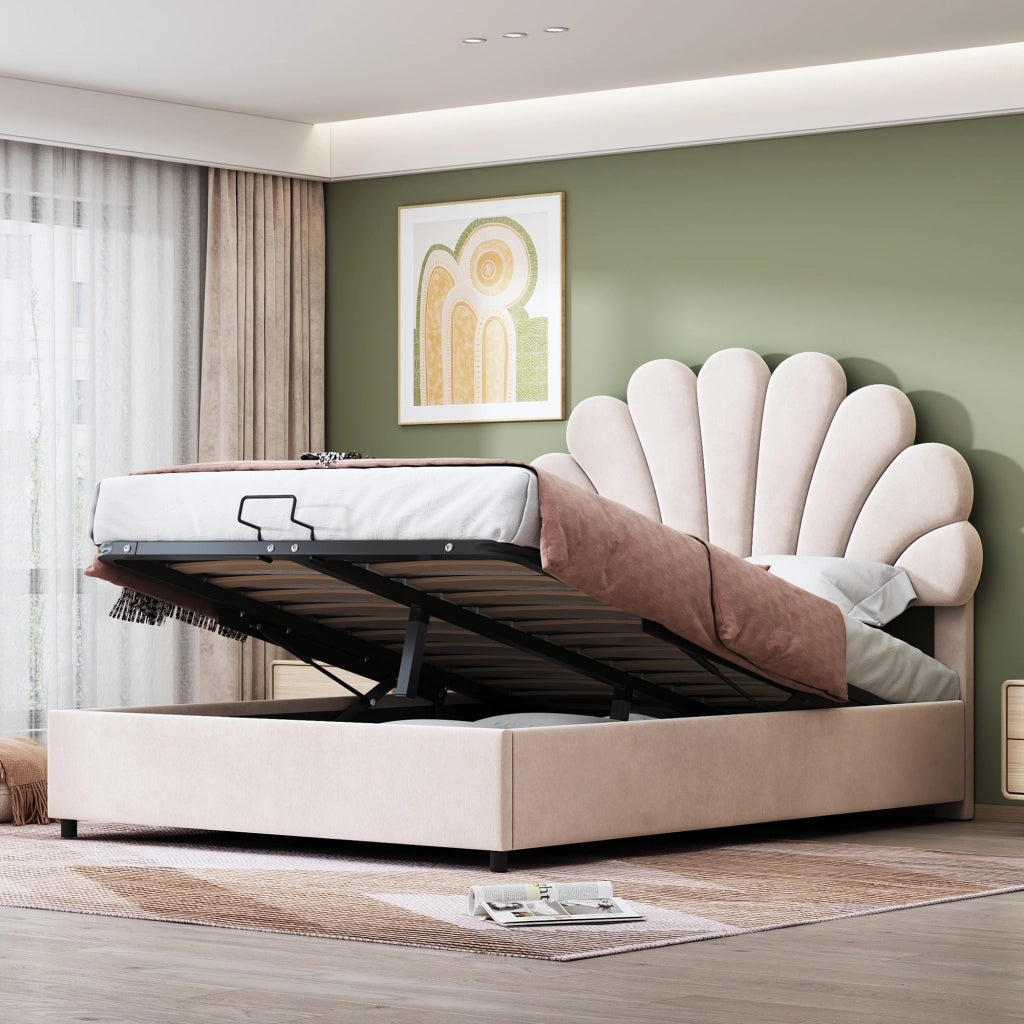 Letti contenitori 140x200 cm; contenitore idraulico; velluto; beige (Senza materasso)
