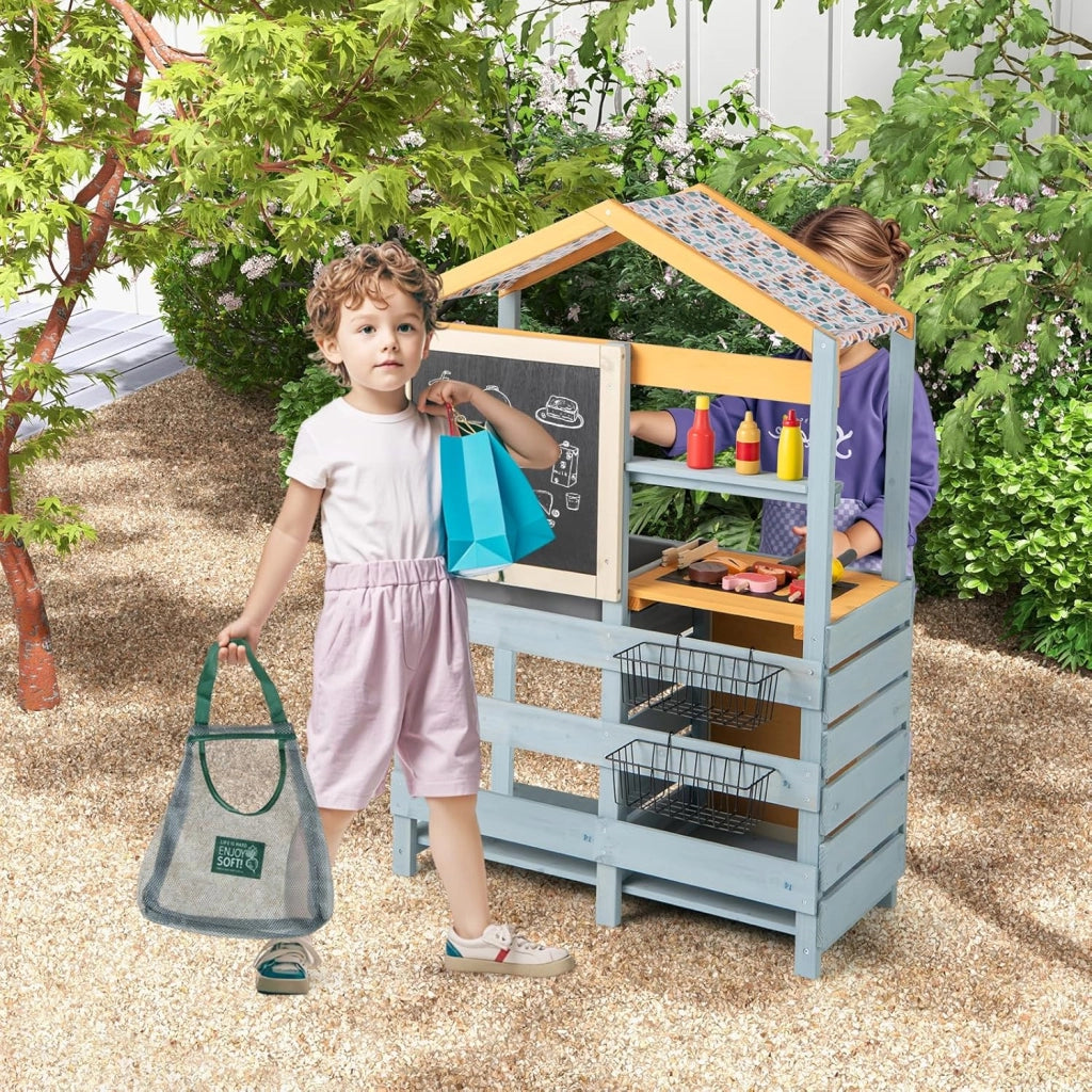 Cucina Giocattolo per Giardino con Negozio e Barbecue 3 in 1, Cucina per Bambini in Legno di Pino con Griglia, Lavagna, Cesti e Forno, Set Cucina con 12 Accessori, 75 x 34 x 111 cm