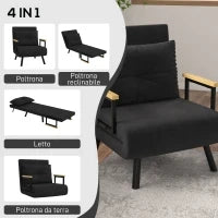 Poltrona Letto 3 in 1 con Schienale Reclinabile in 5 Posizioni e Cuscino, 63x73x81 cm, Nero