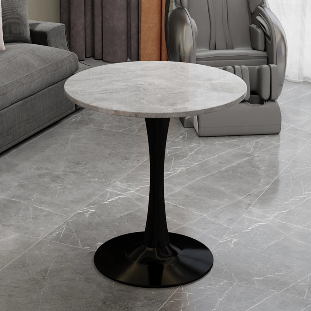 Tavolo da pranzo - rotondo 70 cm - stile mid-century - marmo grigio chiaro - per 2-4 persone - nero