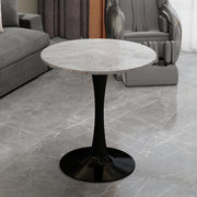 Tavolo da pranzo - rotondo 70 cm - stile mid-century - marmo grigio chiaro - per 2-4 persone - nero