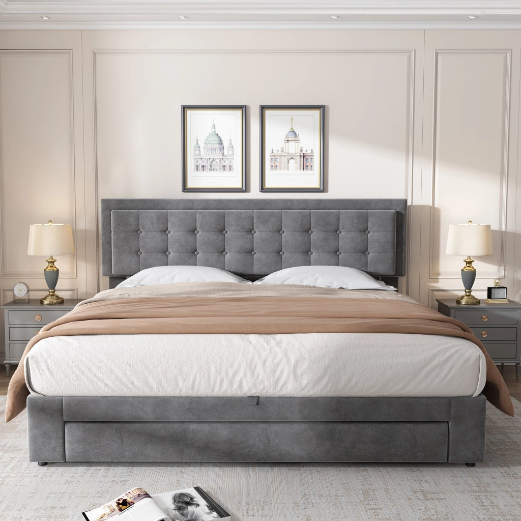 Letto Contenitore 160 x 200 cm; Letto Matrimoniale con Testiera Regolabile e Cassetti; senza Materasso; Grigio