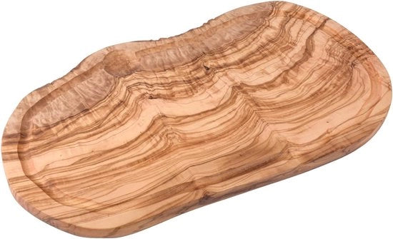 Piatto di taglio in olivo, piatto di servizio, piatto di steak, piatto di formaggio, piatto di taglio in olivo con canale di resina, taglio naturale ca. 2 cm spesso (39-42 cm)
