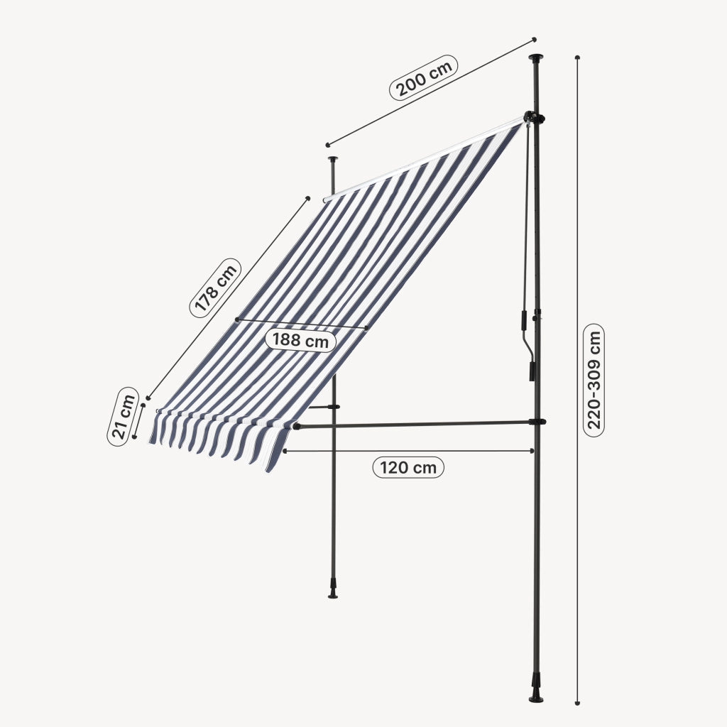 Tenda da Sole a Muro con Pali di Supporto Telescopici Parasole 200 x 120 cm (LxP) Blu Scuro/Bianco pro.tec