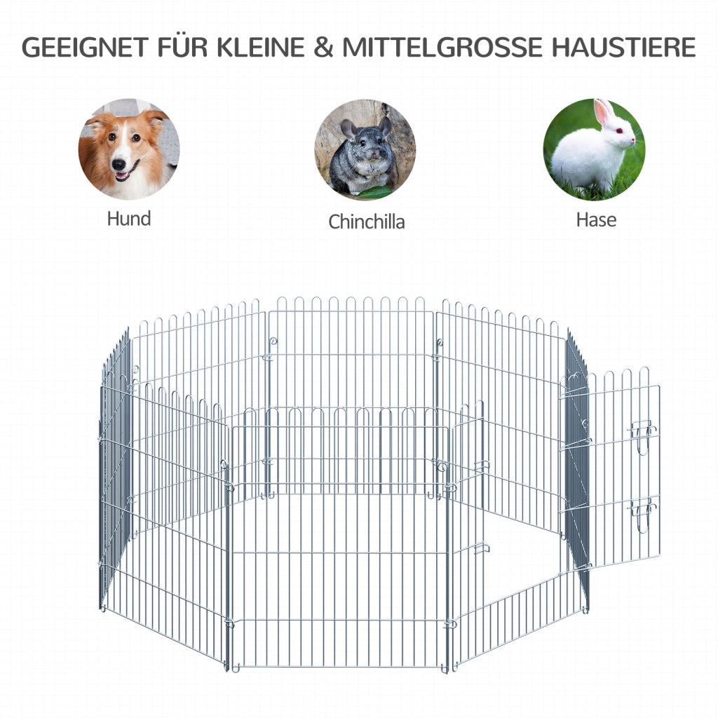 Recinzione decorativa per cuccioli a 8 pannelli con porta e 8 ancoraggi per esterno in acciaio silver 63 × 76 cm