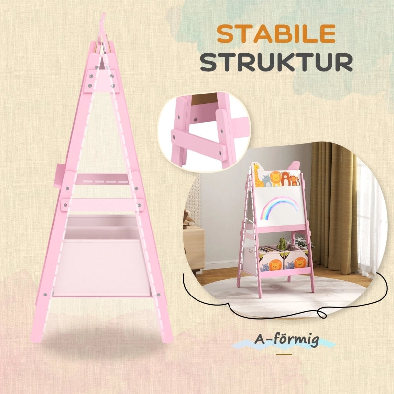 Cavalletto da disegno 2 in 1 per bambini con lavagna bianca, lavagna nera e scatole portaoggetti, per bambini dai 3 agli 8 anni, rosa