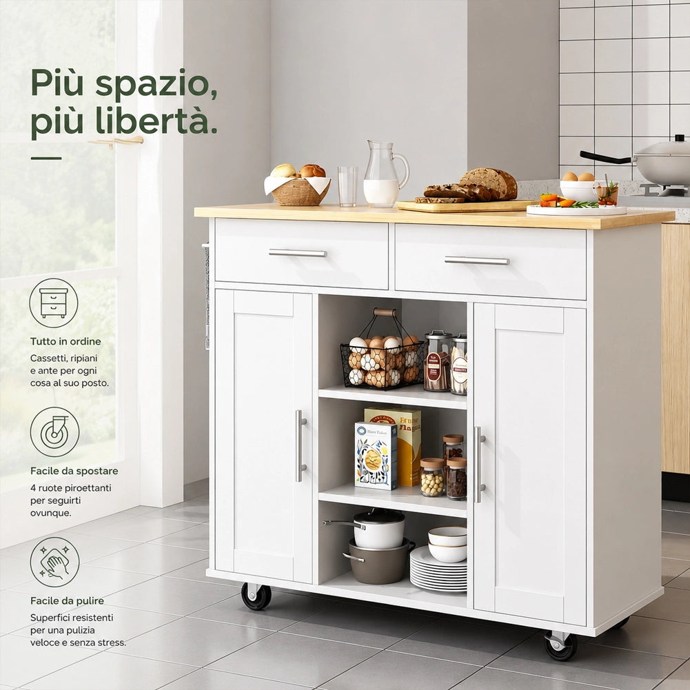 Isola da Cucina con Ruote e Top Quercia Mobile con Cassetti Bianco 90x46x100cm