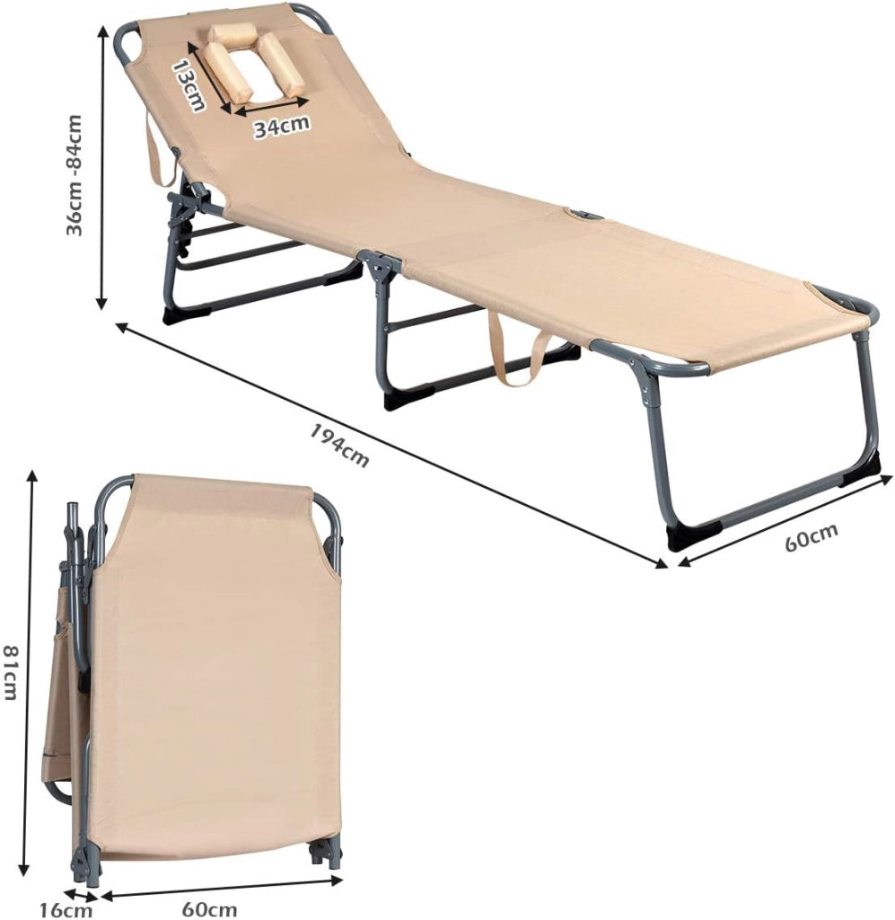 Lettino prendisole con Schienale Regolabile, Foro per Viso e Cuscino, Sedia Sdraio Pieghevole e Leggero in Tessuto Oxford, Sedia da Spiaggia per Giardino, Piscina, 194 x 60 x 36 cm, Beige