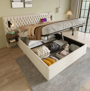 Bettgestell 180x200 cm con contenitore idraulico; 2 comodini; luci lettura USB e Type-C; beige