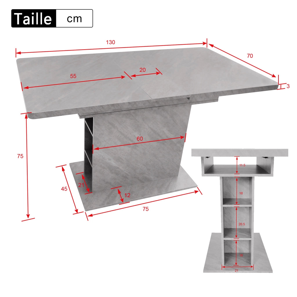 Tavolo da pranzo allungabile con spazio contenitore, struttura in truciolato e metallo, per soggiorno, grigio