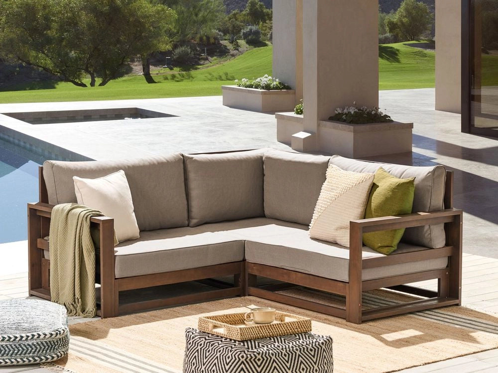 Set da giardino 2 posti in legno di acacia con cuscini tortora lato destro moderno elegante