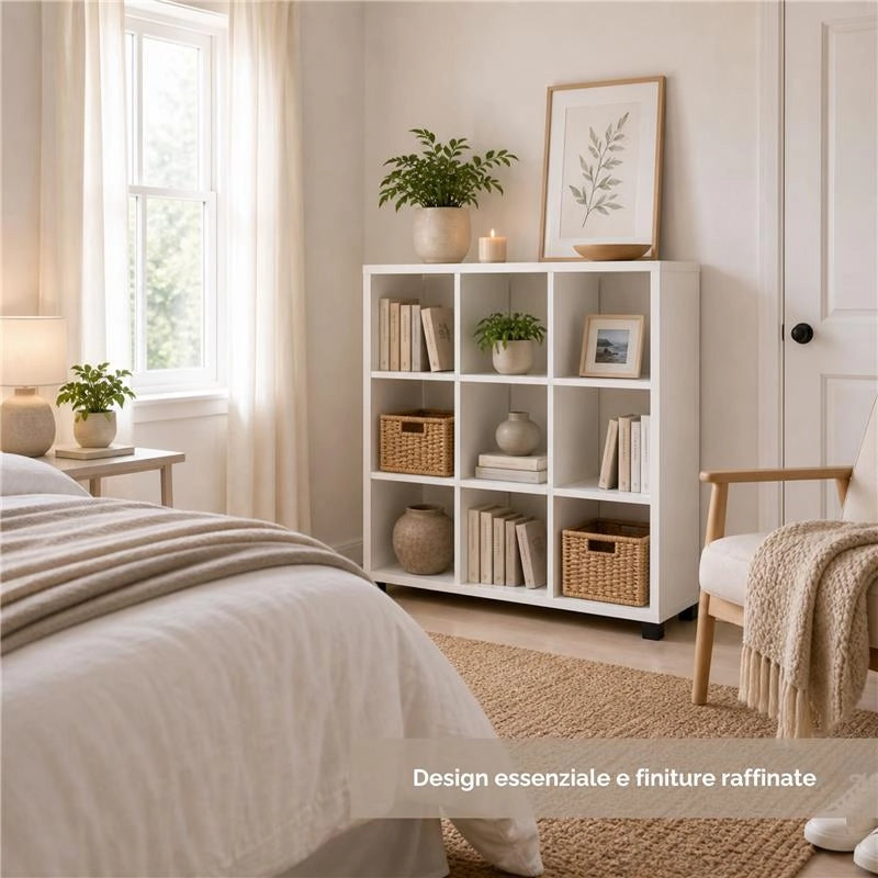 LIBRERIA CUBICA IN LEGNO BIANCO MODERNA CON 9 RIPIANI DIMENSIONI  90X24X99 CM