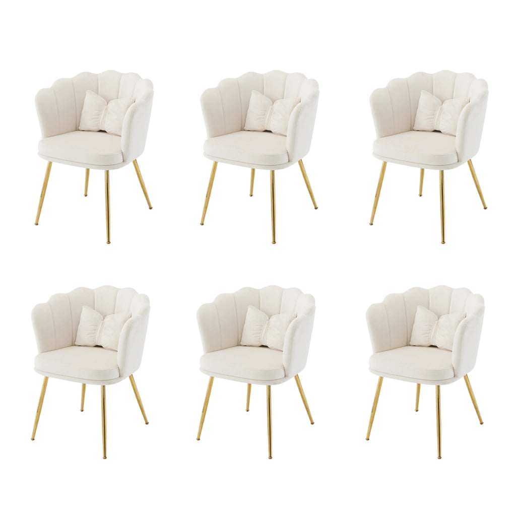 Sedie da soggiorno imbottite, 6 pezzi in velluto beige con schienale a petalo e gambe in metallo dorato