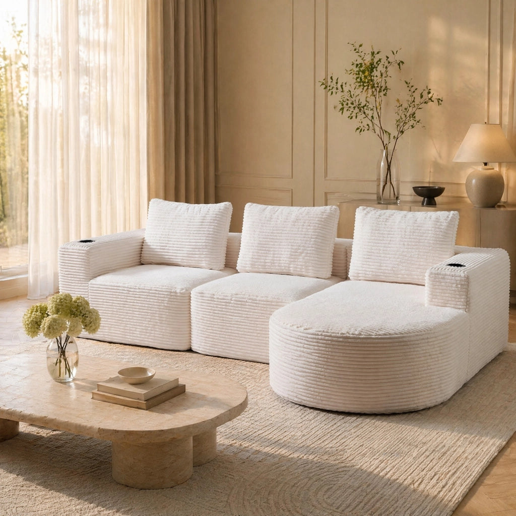 Divano lineare 2 posti con 3 cuscini e 2 portabicchieri, tessuto in poliestere, Beige 265 cm
