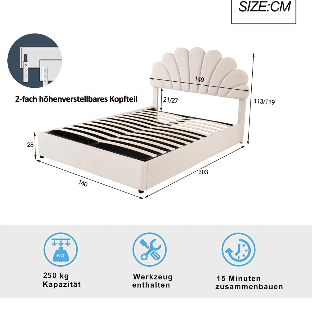 Letti contenitori 140x200 cm; contenitore idraulico; velluto; beige (Senza materasso)