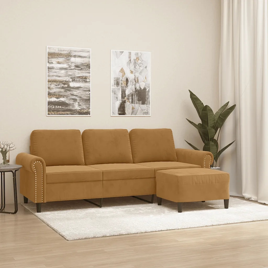 Divano a 3 Posti con Poggiapiedi Marrone 180 cm in Velluto 3201222