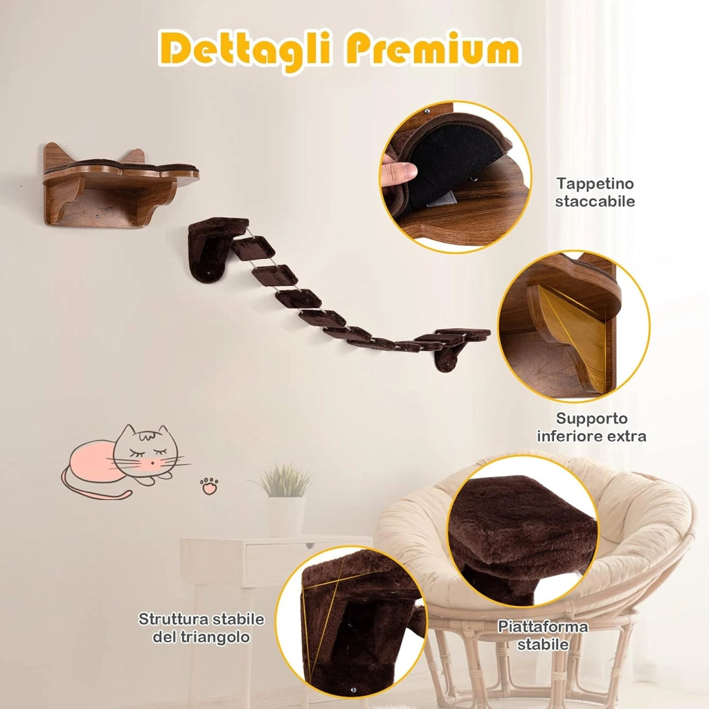 Scaletta per Gatti Montata al Muro, Letto di Legno per Gatti con Scaletta, Durevole e Stabile, Centro Attività da Interno per Gatti, Facile da Montare