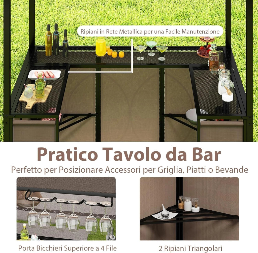 Gazebo per Barbecue, Pergola per BBQ con Tavolo Bar e 2 Sgabelli Bar Pieghevoli, Ripiani di Stoccaggio in Metallo, per Giardino e Cortile, 193 x 117 x 240 cm (Marrone)