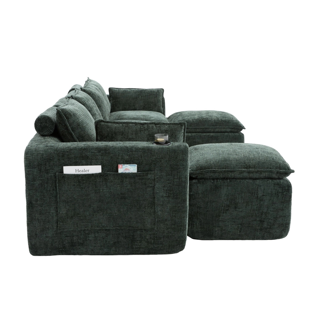 Divano modulare in ciniglia verde 322x161 cm con pouf HAVRYA
