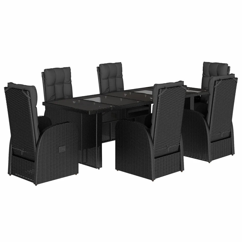 Set da Pranzo da Giardino 7 pz Nero con Cuscini in Polyrattan