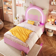 Letto imbottito 90x200 cm con barra LED; 2 cassetti; PU e MDF; rosa