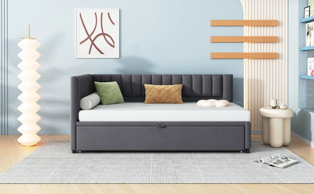Divano letto a L con letto estraibile velluto grigio 90x200 cm