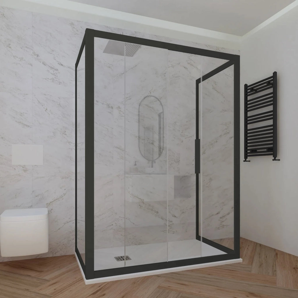 Box doccia 3 lati 80x170x80 CM H 200 Vetro Trasparente Profilo Nero Matt mod. Deco Trio