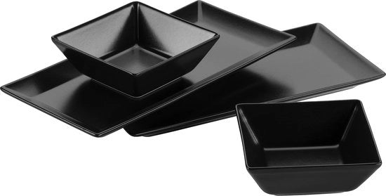 Serviesset da 2 persone con 4 piatti rettangolari e 2 contenitori quadrati in vetro ceramico nero