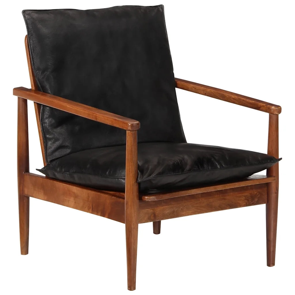 Poltrona Nera in Vera Pelle e Legno Massello di Acacia 340922
