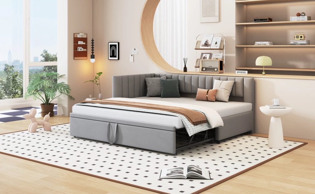 Divano letto a L con letto estraibile velluto grigio 90x200 cm