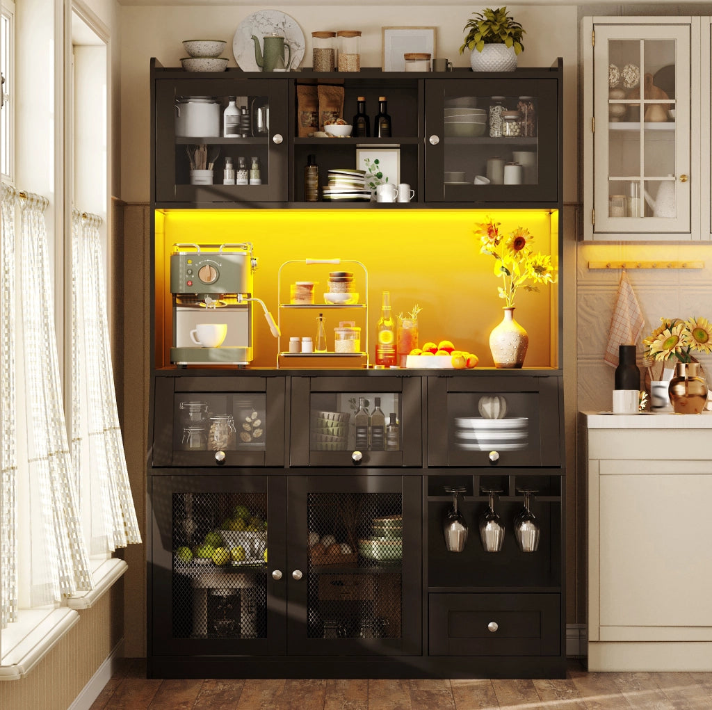 Mobile da cucina multifunzionale 120x40x181,7 cm con LED, USB e ripiani regolabili, nero