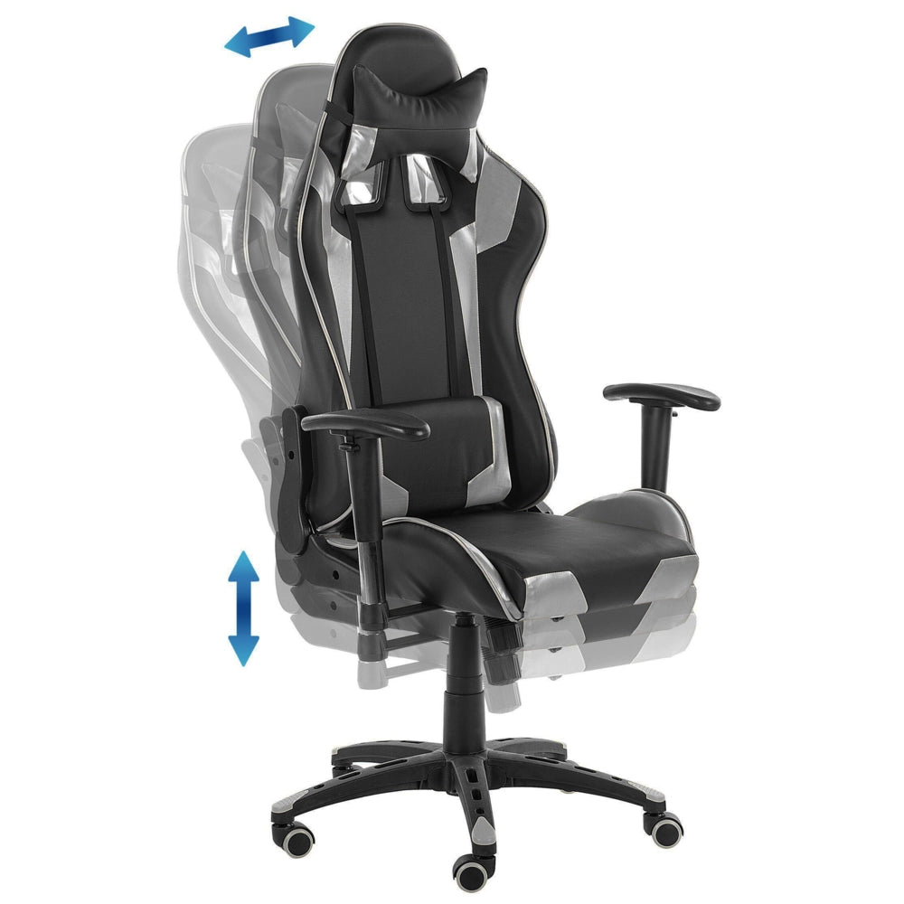 Sedia da gaming girevole in pelle sintetica nera e argento regolabile in altezza