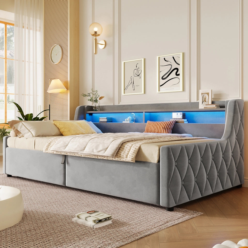 Letto singolo imbottito 90x200 cm in flanella grigia con contenitore idraulico e LED
