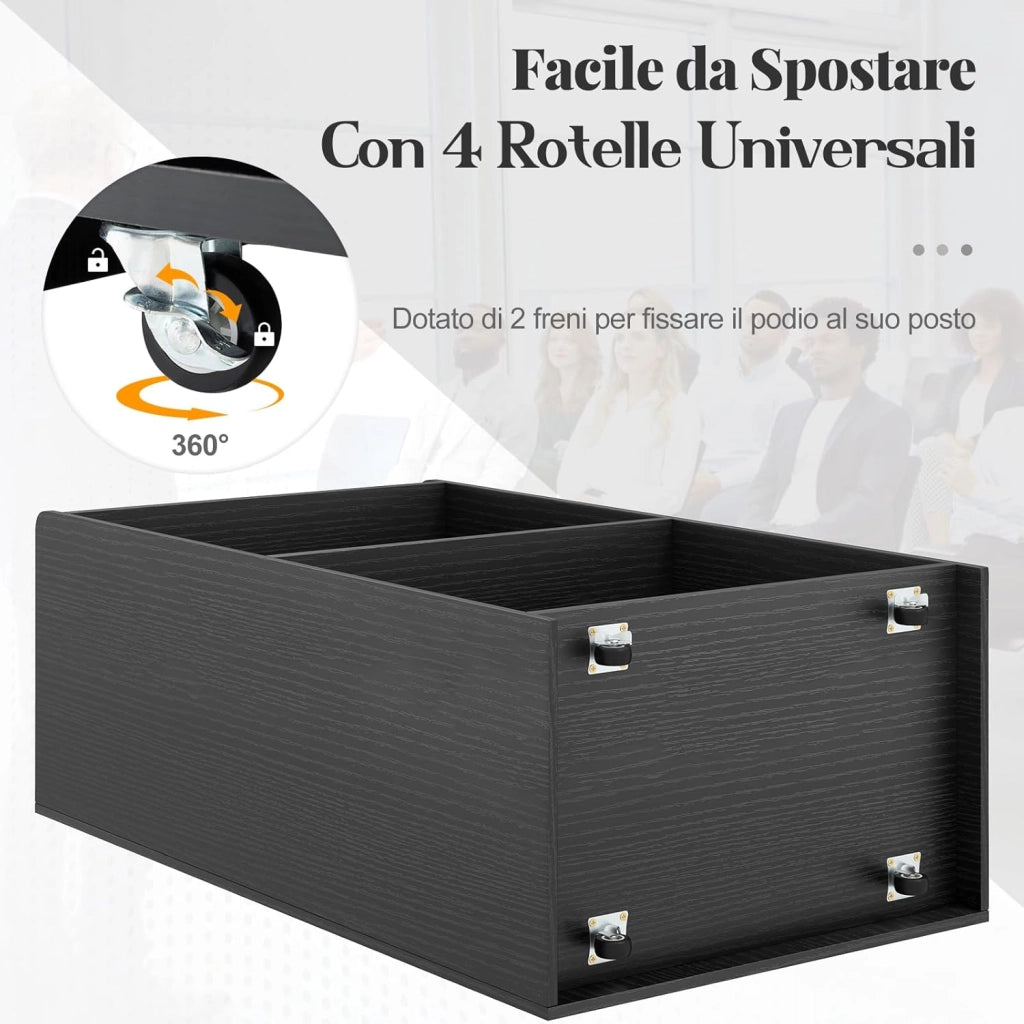 COSTWAY Podio per Conferenza, Leggio in Legno Massello con 2 Ripiani e Ruote Universali e Bloccabili, Podio in Piedi per Chiesa, Ufficio e Scuola, 57,5 x 37 x 105 cm (Nero)