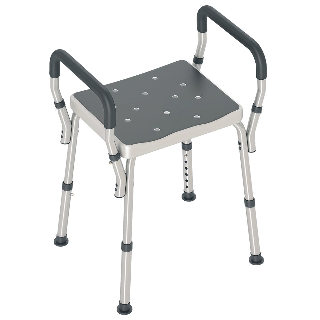 Sgabello per Doccia Regolabile con Braccioli e Fori di Drenaggio in Alluminio, 52x45x57-69 cm, Grigio