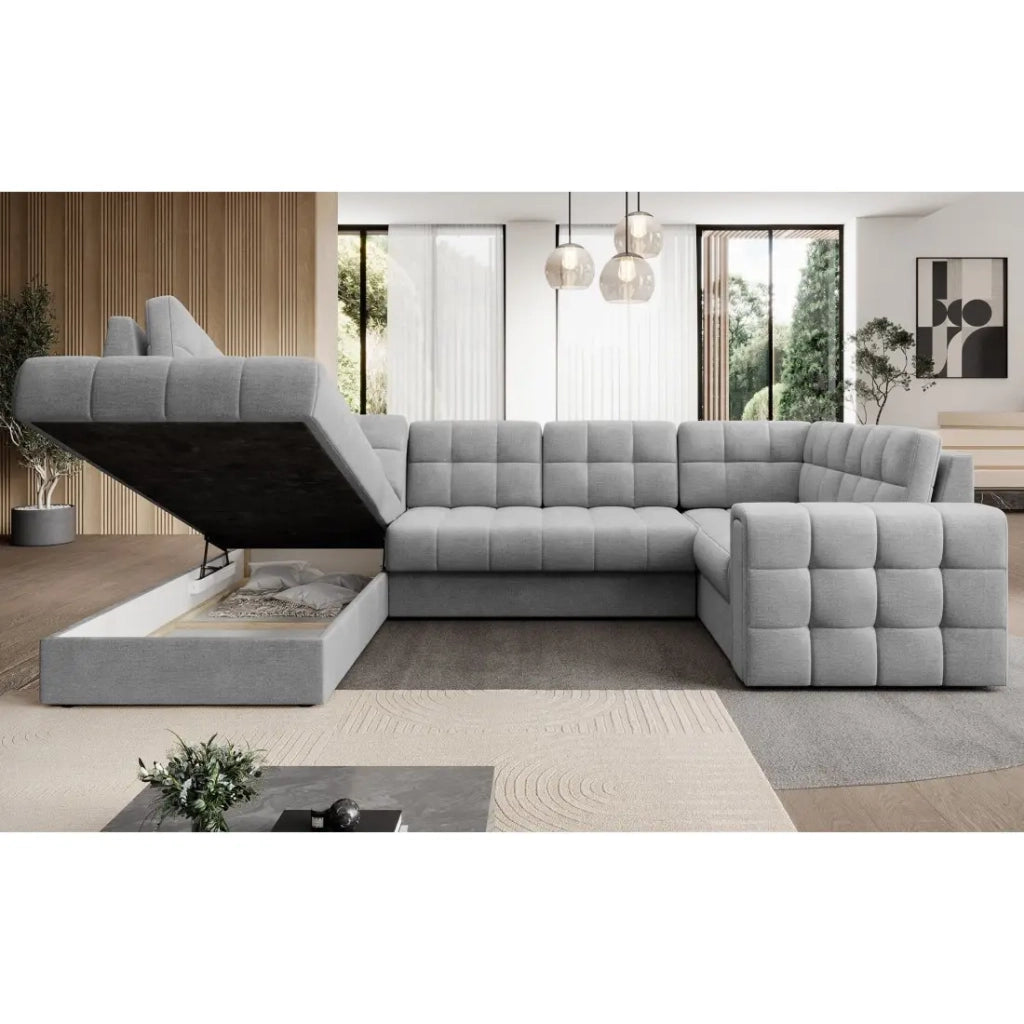 Divano ad angolo convertibile MONTEZA grigio sinistro 299 cm con contenitore e letto