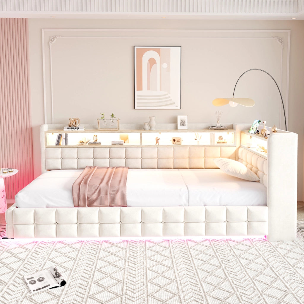 DESMIU Letto Contenitore 90 × 200 cm 1 posto con vano idraulico, ripiani, USB e Type-C, senza materasso, beige