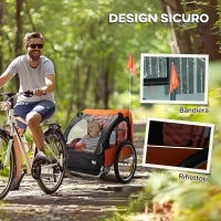 Rimorchio Bici Bambini con 2 Posti, 2 Cinture di Sicurezza, Telaio in Acciaio e Copertura in Tessuto Oxford Arancione