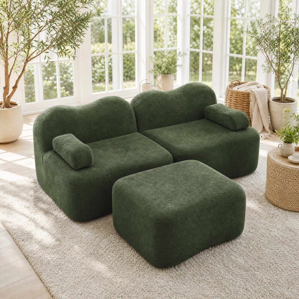 Divano angolare modulare 2-4 posti in velluto verde con pouf HOMVRA