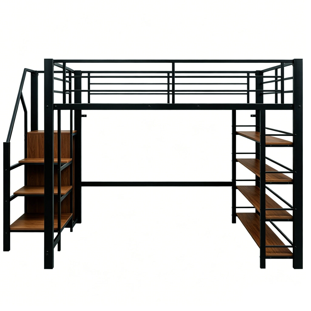 Letto a soppalco 140×200 cm con scala contenitore; armadio e ripiani; barriera alta; senza materasso; metallo; nero