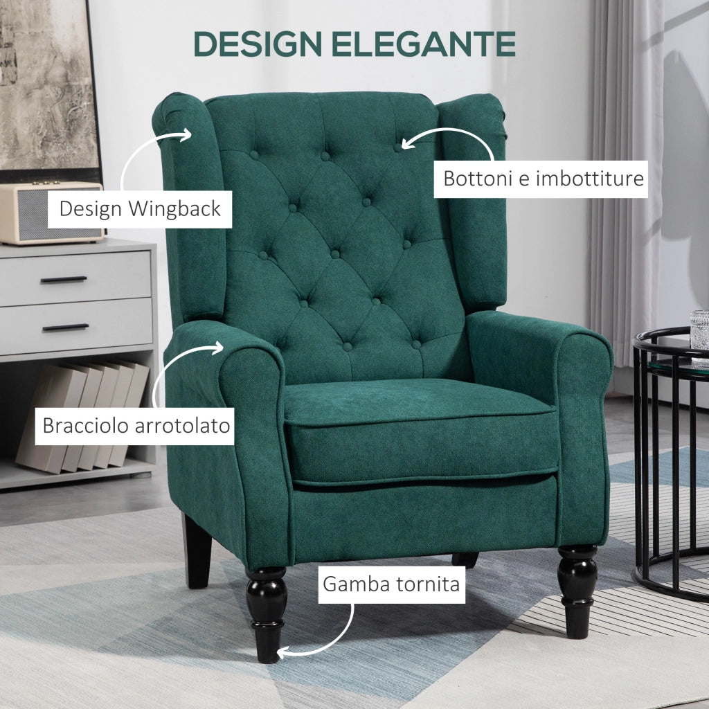 Poltrona per Salotto in Stile Francese 74x86x102 cm Rivestimento Effetto Lino Verde Scuro