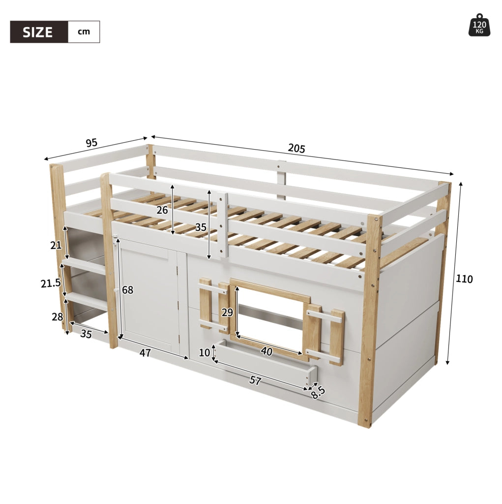 Letto a soppalco per bambini 90x200 cm in legno massello, bianco, con rete