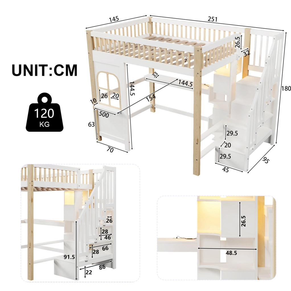 Letto a soppalco 140x200 cm con scrivania e LED bianco/naturale