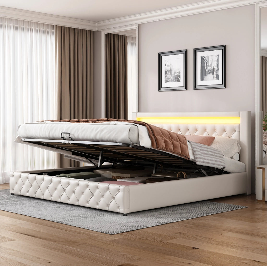 Letto imbottito matrimoniale 180x200 cm in PU bianco con contenitore e LED